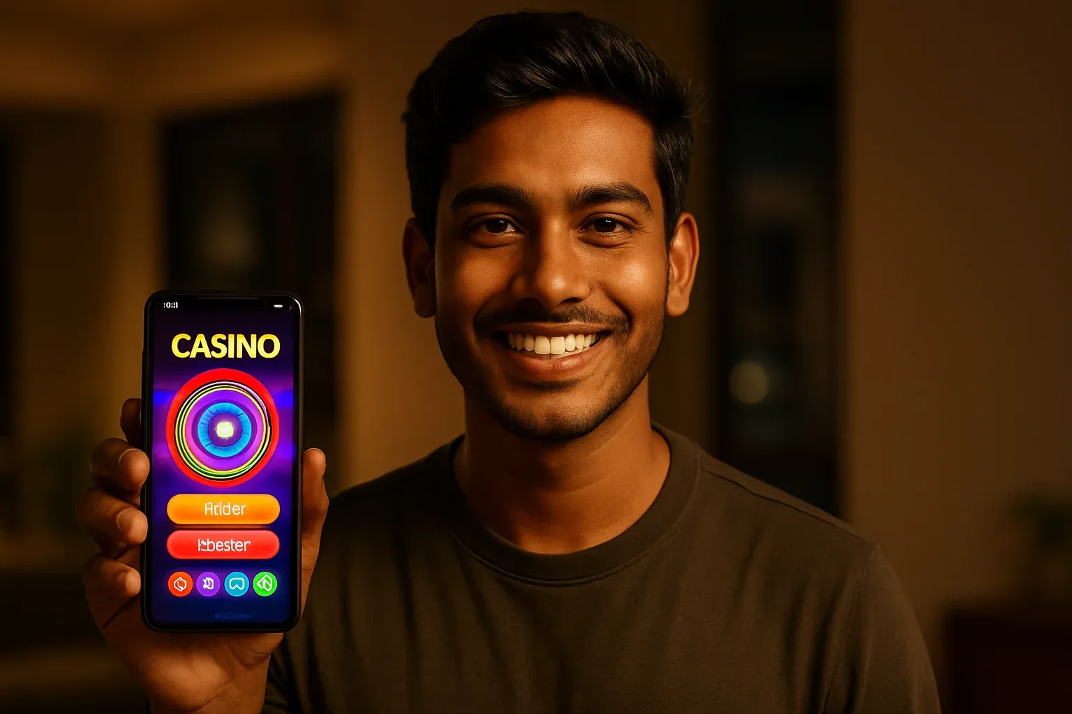 Young Bangladeshi man holding smartphone with colorful casino app interface