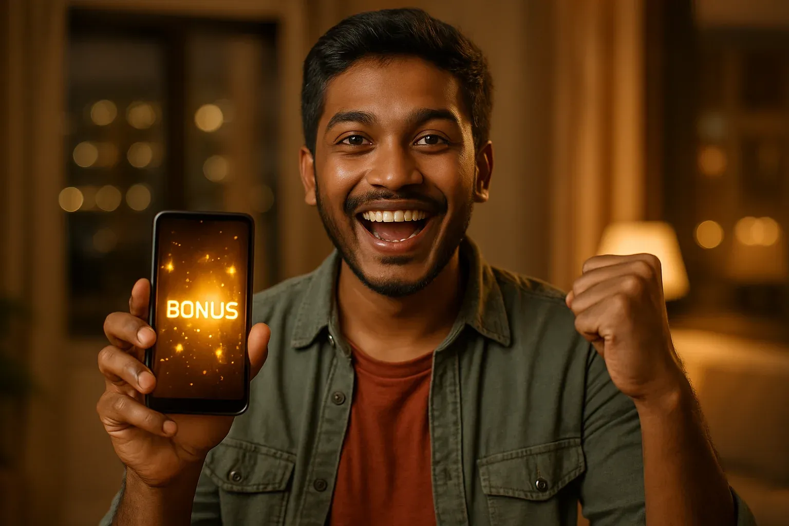 Joyful Bangladeshi man holding smartphone with glowing bonus notification screen