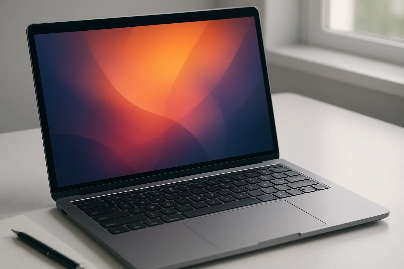 Modern laptop on white desk with abstract glowing screen