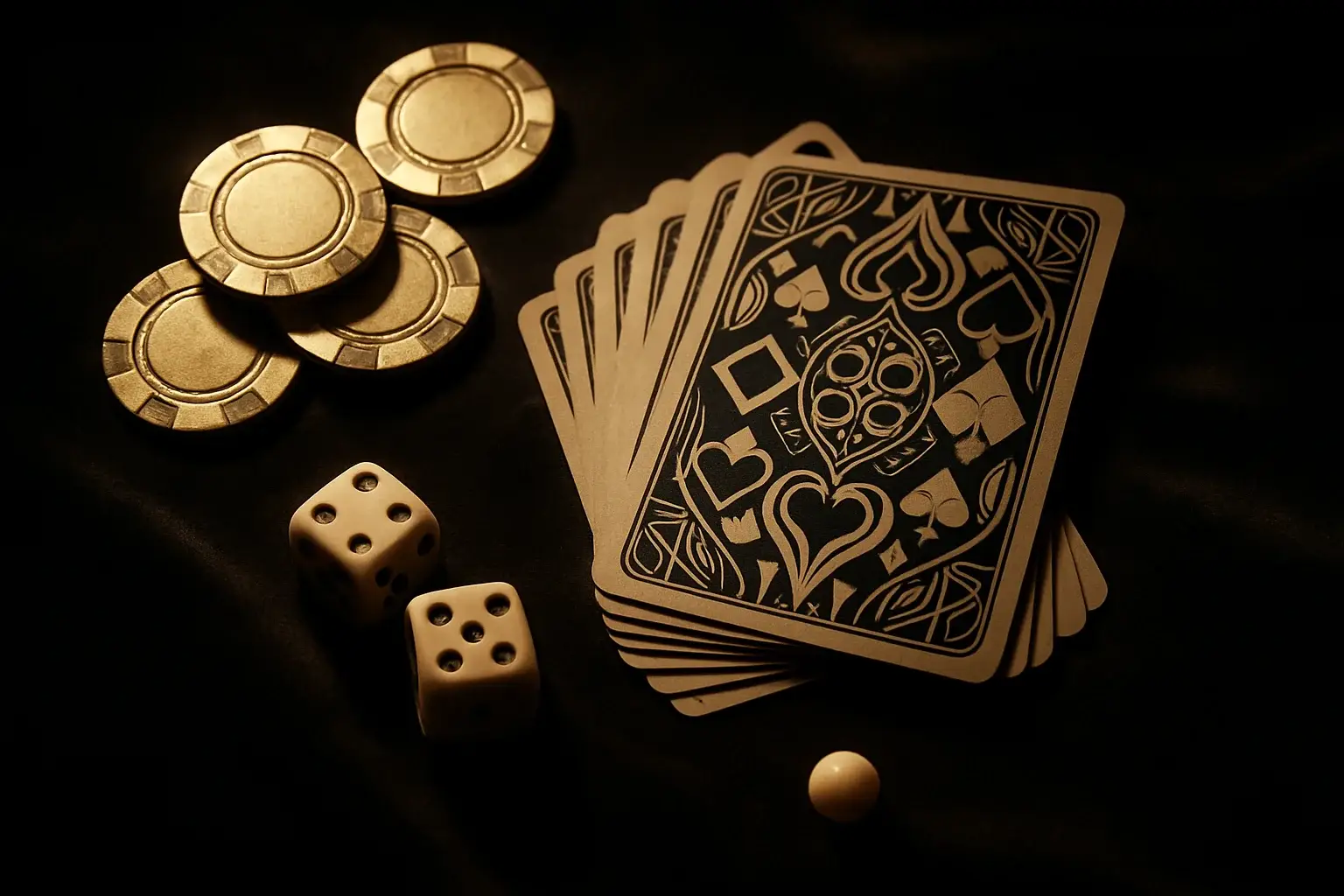 Top-down casino scene with golden chips, cards, dice, and roulette ball