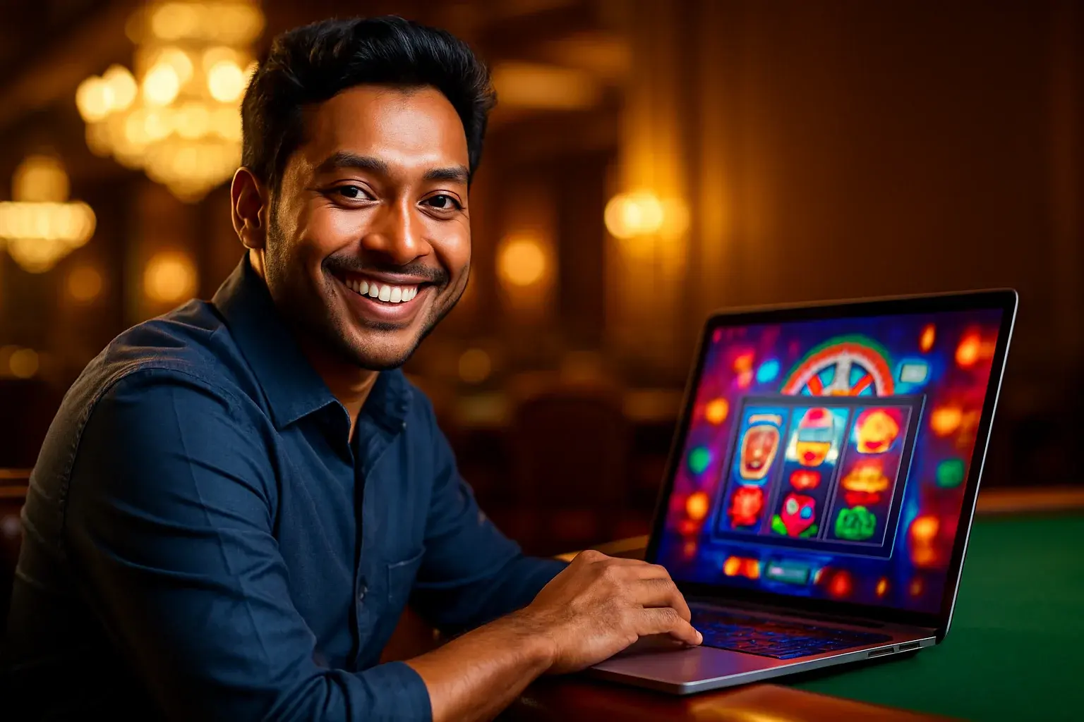 Cheerful Bangladeshi man with open laptop showing colorful casino interface