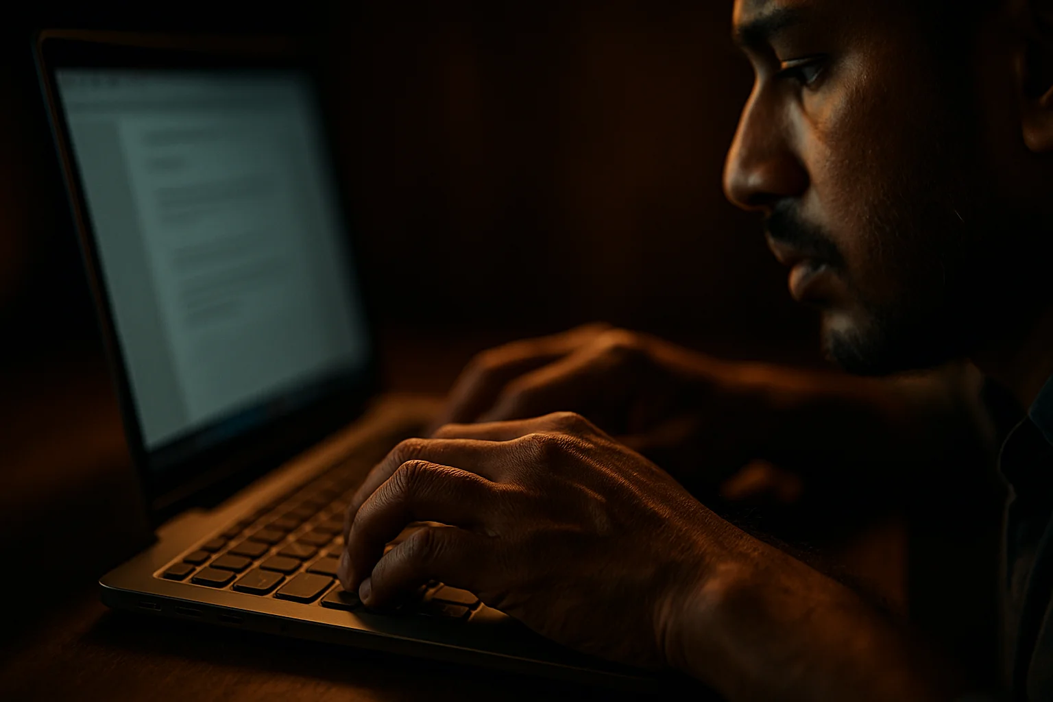 Bangladeshi man's hands typing on modern laptop in dramatic lighting