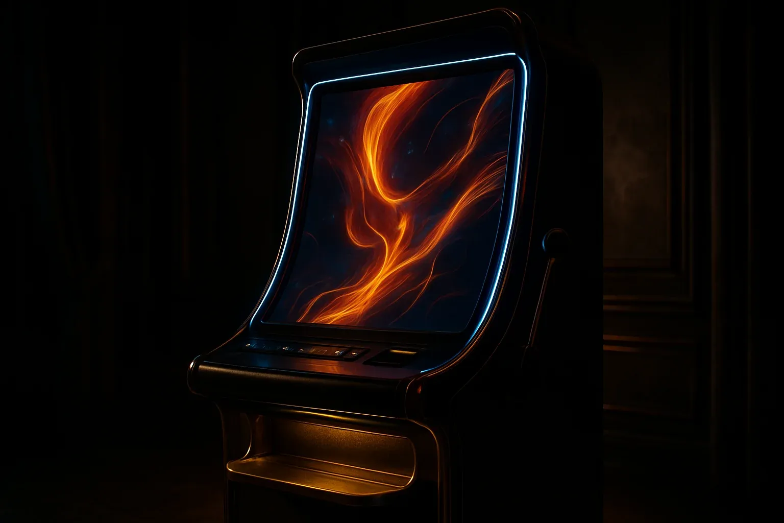 Hyperrealistic premium slot machine in dark luxury setting with neon lighting